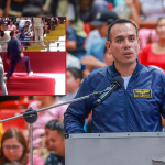 José Jerí slips while trying to run onto the stage during the inauguration in Trujillo