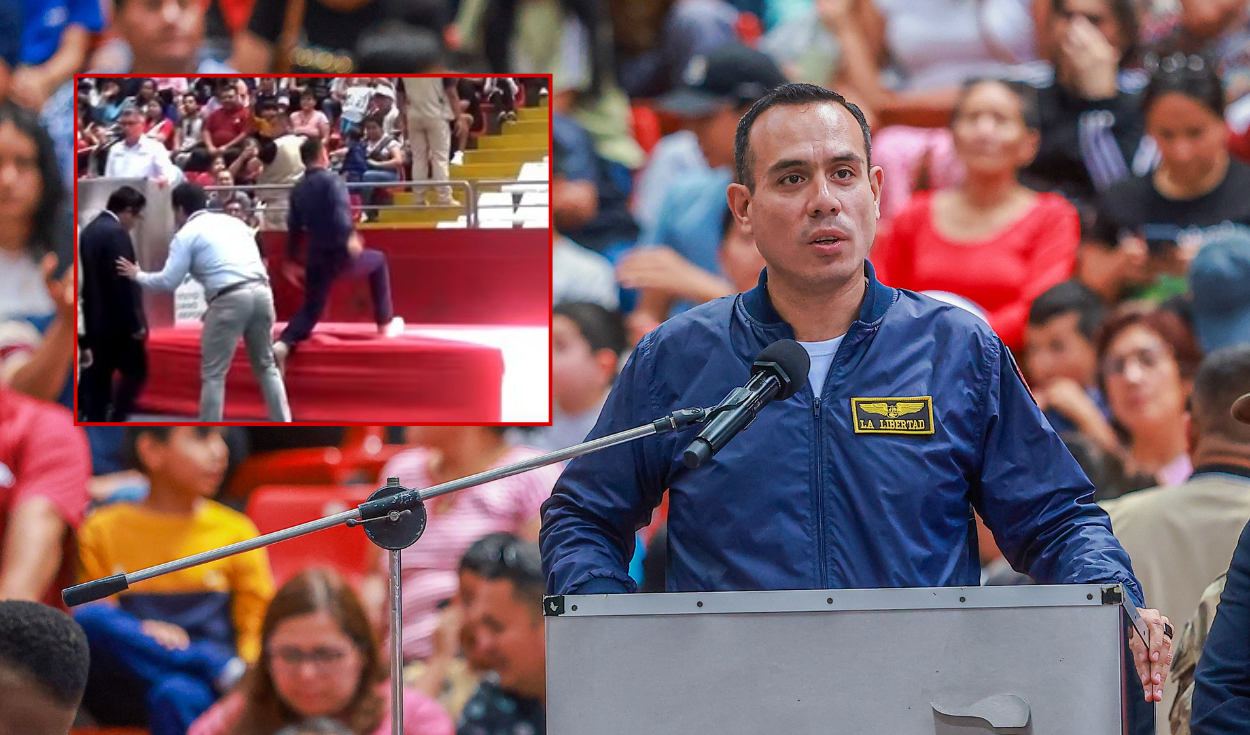 José Jerí slips while trying to run onto the stage during the inauguration in Trujillo