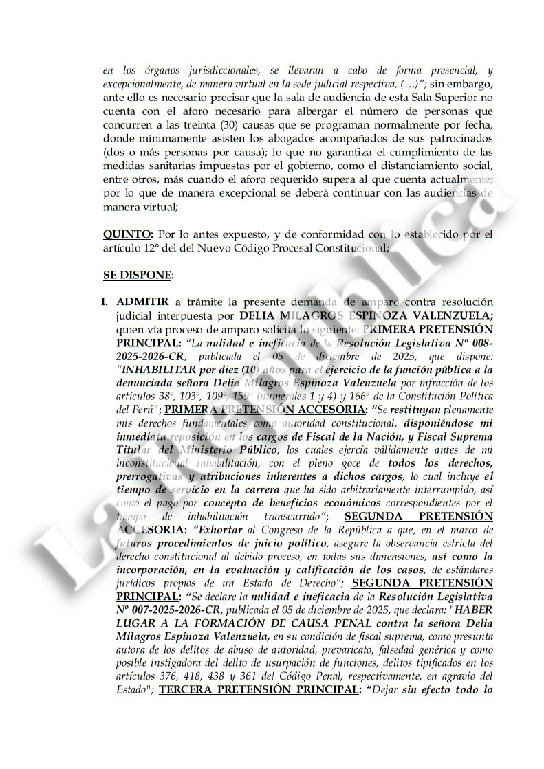 Judiciary admits Delia Espinoza's request for protection that seeks to reverse her disqualification imposed by Congress