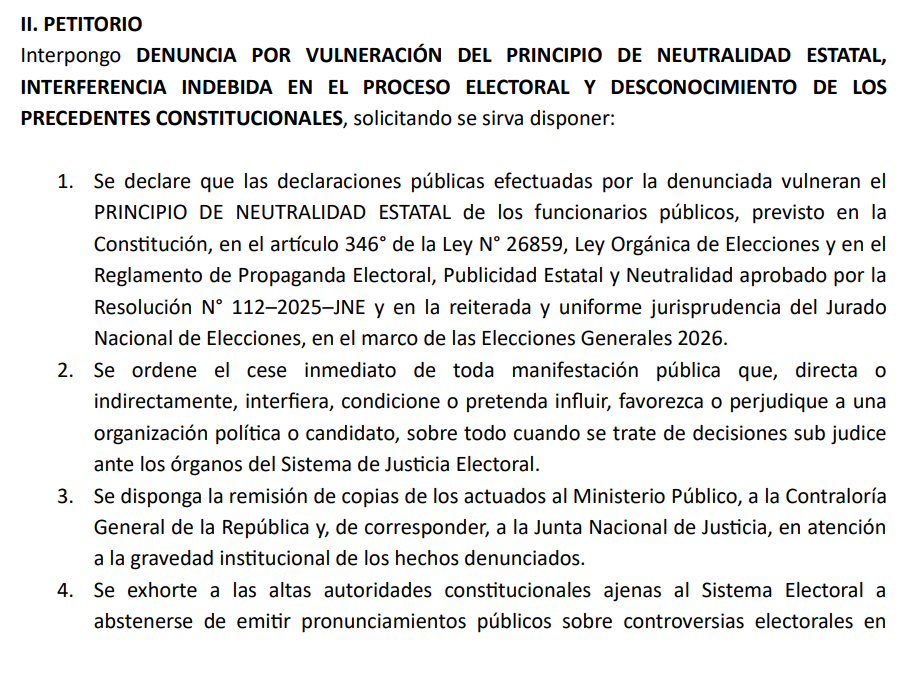 Peru Primero accuses the president of the TC of violating electoral neutrality for statements about impediments to running