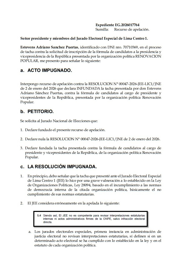 Rafael López Aliaga: they appeal to the JNE against the presidential formula of Popular Renewal