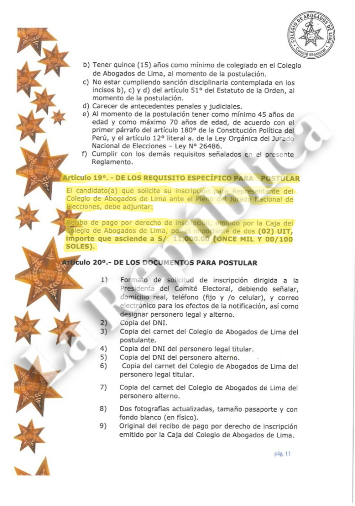 Registered lawyers will pay 11 thousand soles so that they can apply as a representative before the JNE