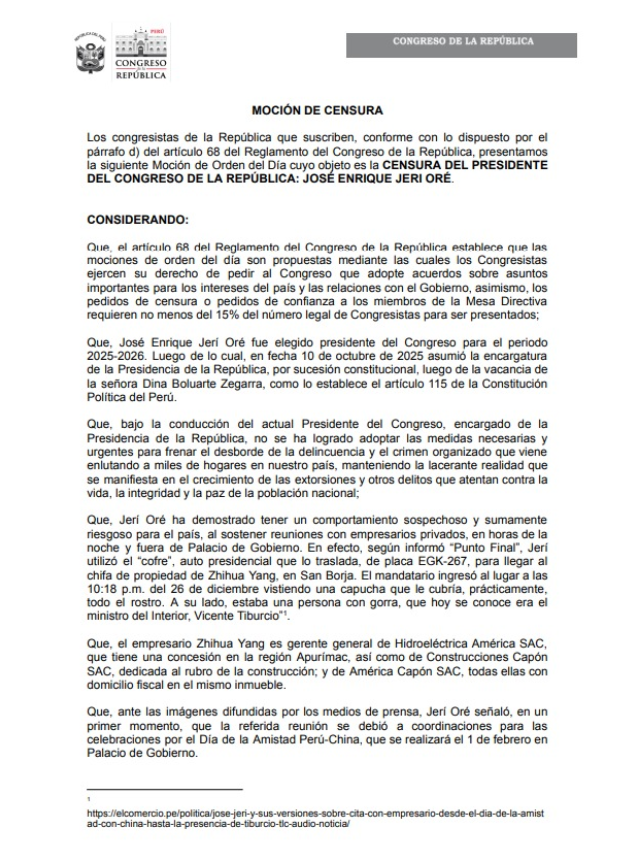 Sigrid Bazán announces motion of censure against Jerí: how many votes are needed for her government to fall?