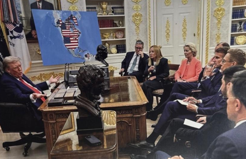 Trump (in his delusions of conquest) publishes (false) image with the US flag over Venezuela, Canada and Greenland