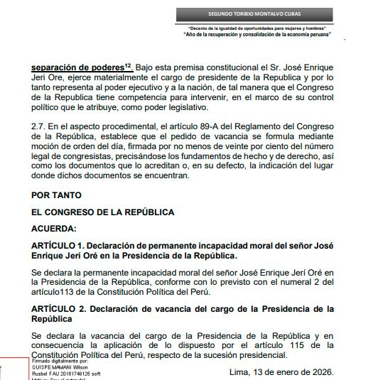 Vacancy motion against José Jerí for meeting with Chinese businessman already has 14 signatures