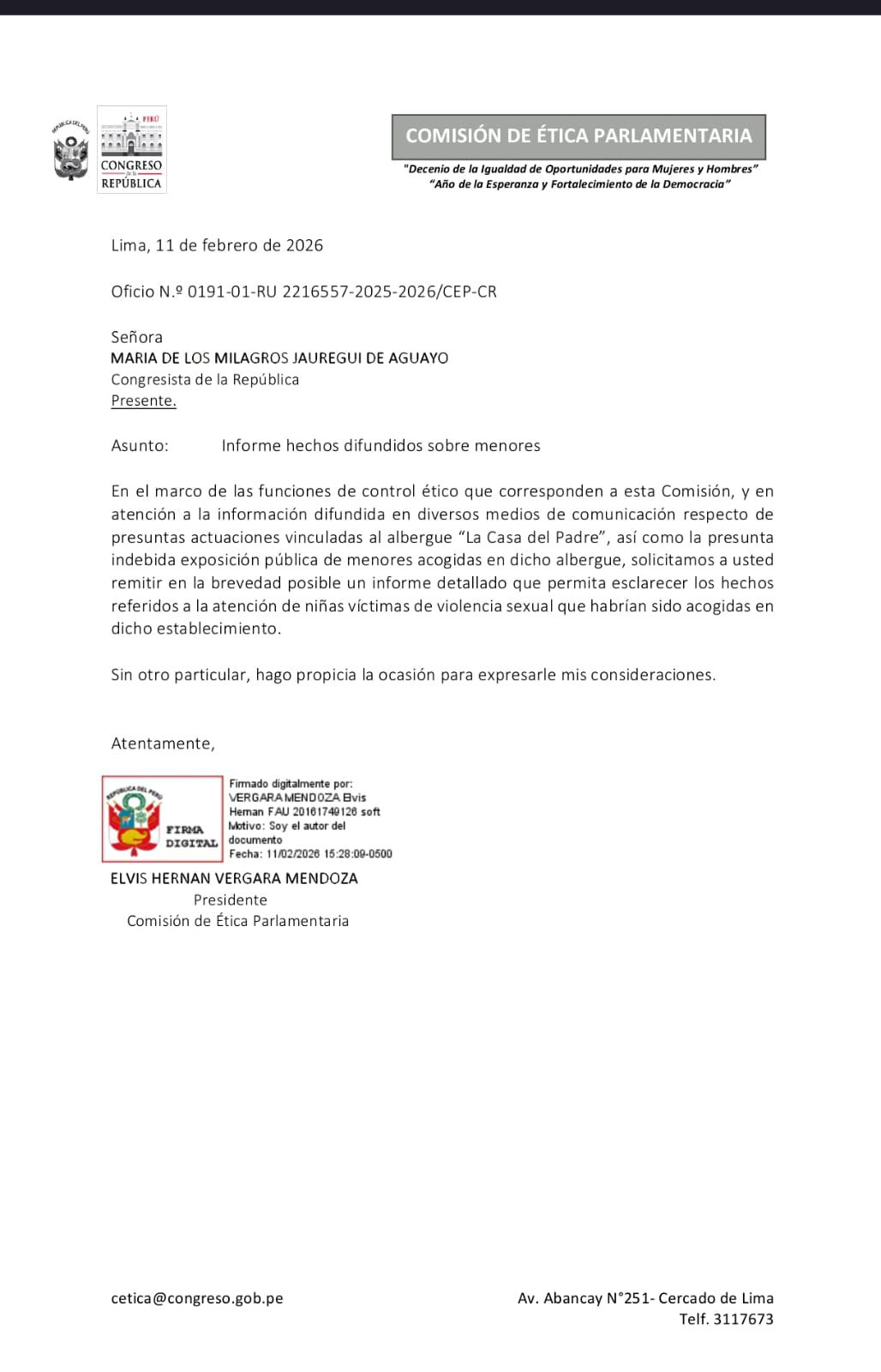 Congress: they request that Milagros Jáuregui be investigated by the Ethics Commission for exposing minors