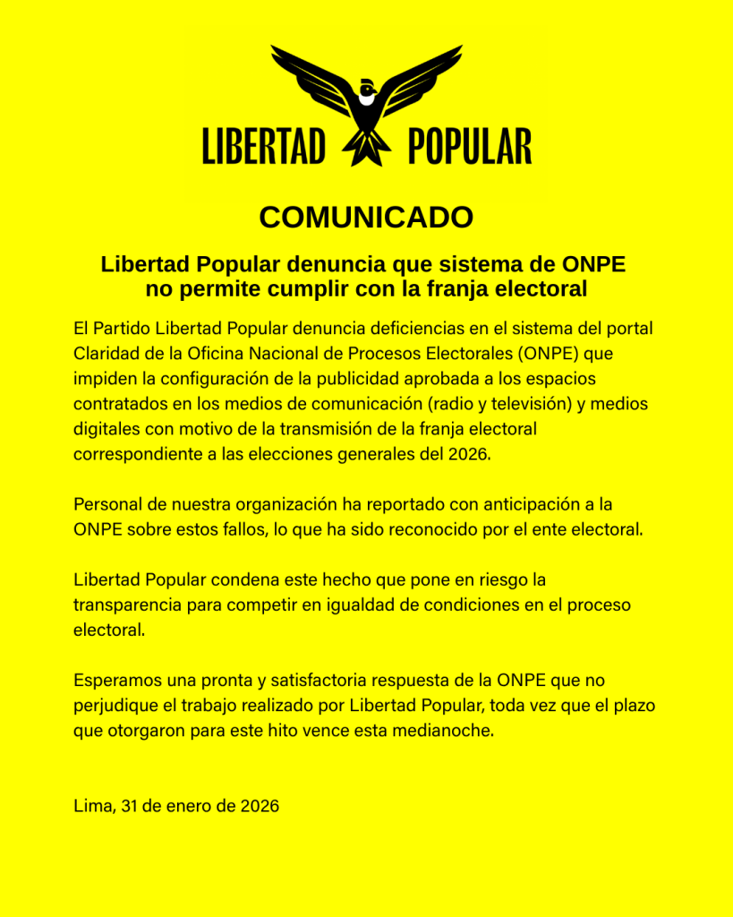 Elections 2026: Libertad Popular denounces that the ONPE system would not allow compliance with the electoral period