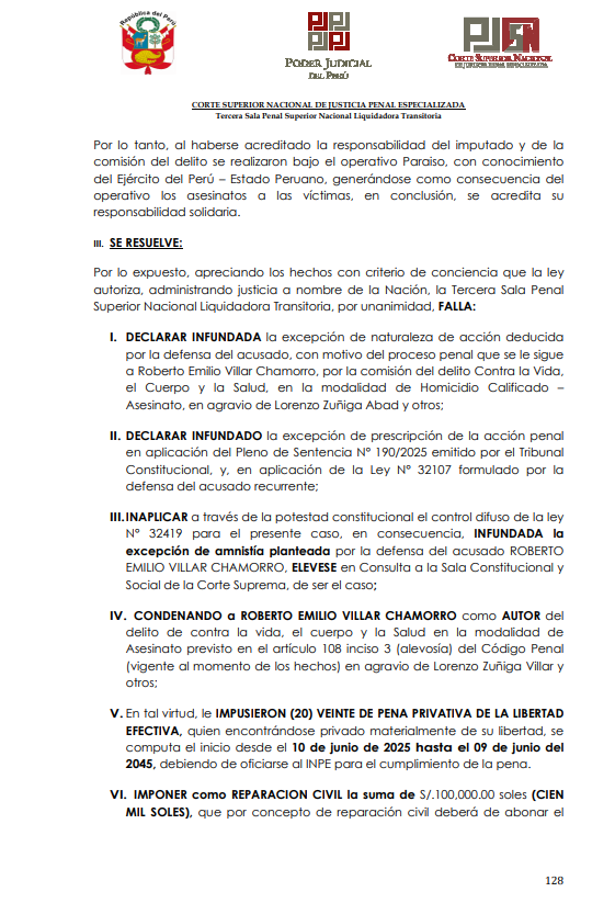 Former Chavín de Huántar sentenced to 20 years for the murder of eight people in 1994