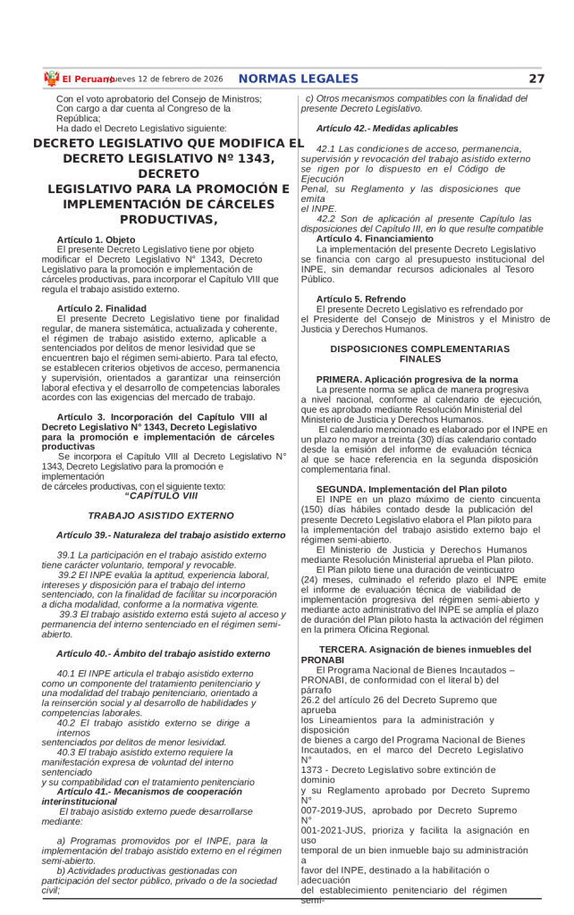 Government of José Jerí approves that those convicted of minor crimes can work outside of prisons