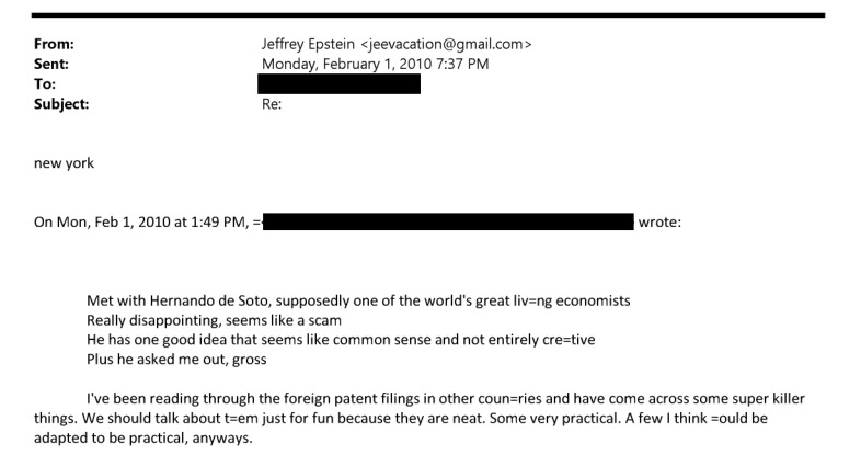 Hernando de Soto appears in the declassified files on Jeffrey Epstein