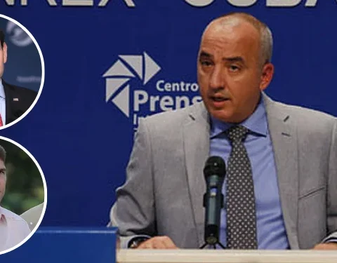 Embajador del Gobierno cubano ante la ONU, Ernesto Soberón Guzmán (foto principal), Marco Rubio y Raúl Guillermo Rodríguez Castro, alias El Cangrejo