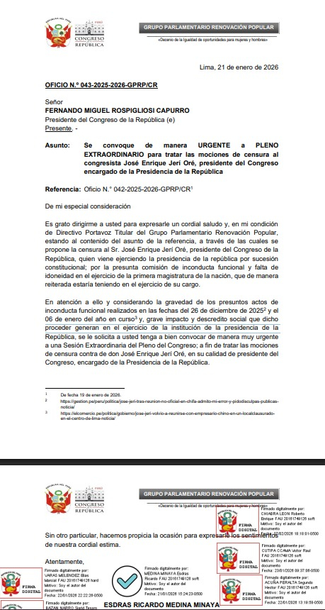José Jerí: Congress reaches 78 signatures to call a plenary session and debate a motion of censure against the president