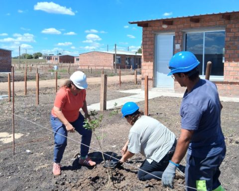 Mevir Campana plants trees prior to the inauguration of the complex