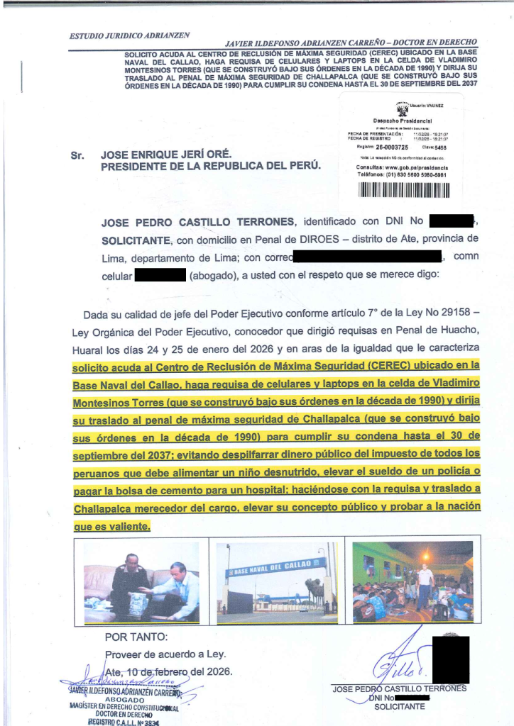 Pedro Castillo asks the Jerí Government to requisition Vladimiro Montesinos' cell and transfer him to Challapalca