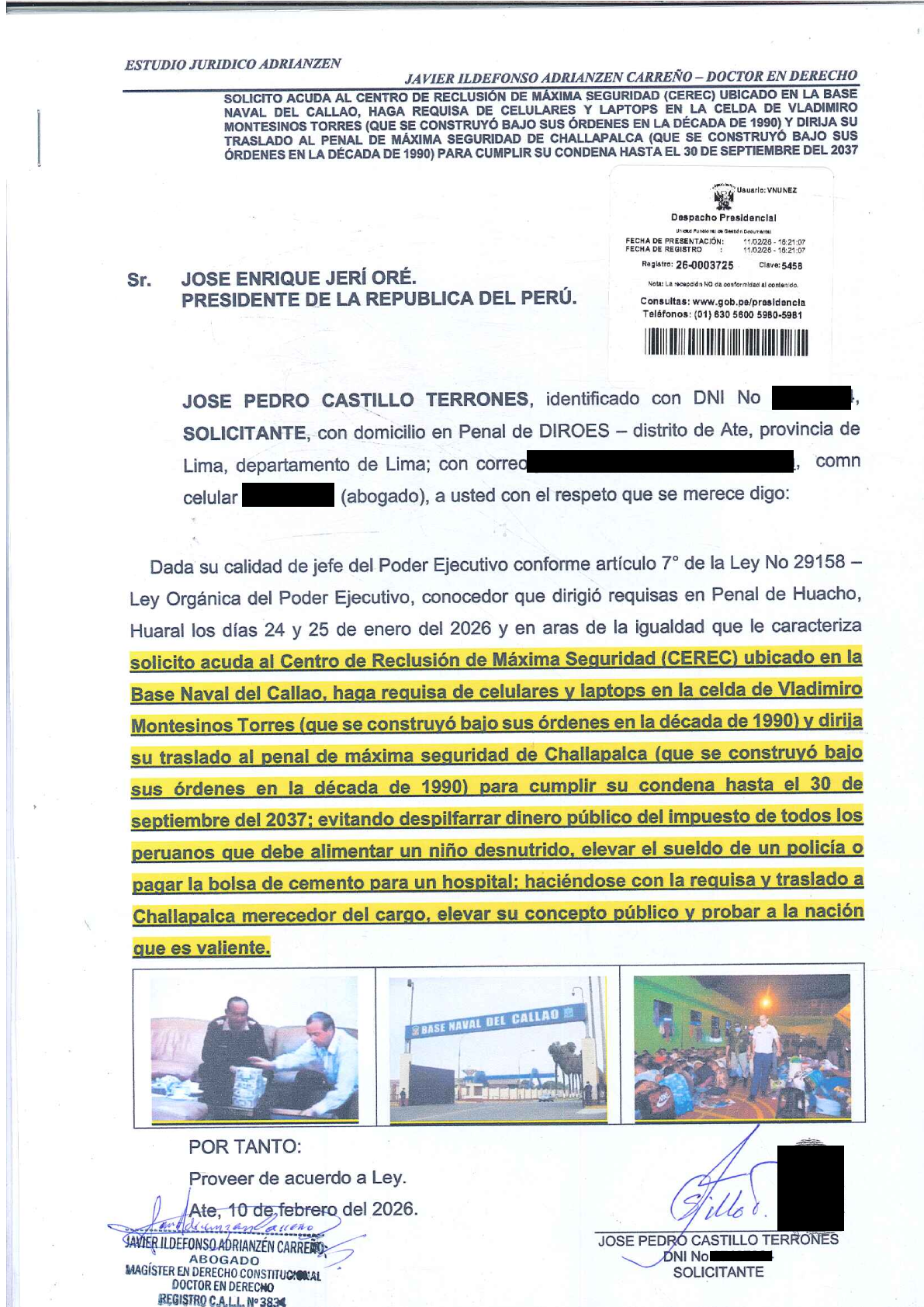 Pedro Castillo asks the Jerí Government to requisition Vladimiro Montesinos' cell and transfer him to Challapalca