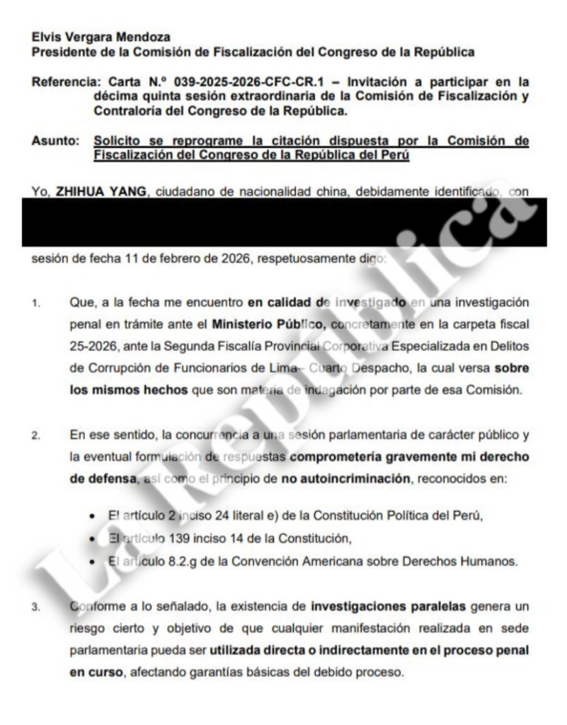 Zhihua Yang, businessman and friend of José Jerí, will not attend the Oversight Commission for the Chifagate case