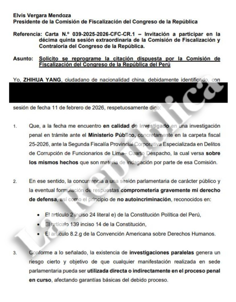 Zhihua Yang, businessman and friend of José Jerí, will not attend the Oversight Commission for the Chifagate case